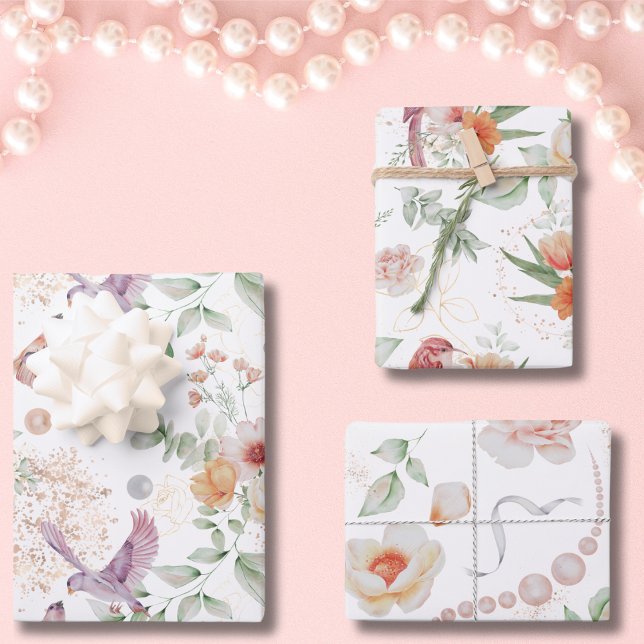 Motif élégant floral Fleurs Feuilles Oiseaux jolis (Floral Elegant Pattern with Pretty Flowers, Leaves, and Birds Wrapping Paper Sheets)