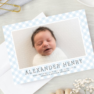 Motif En vichy bleu doux   FAIRE-PART DE NAISSANCE