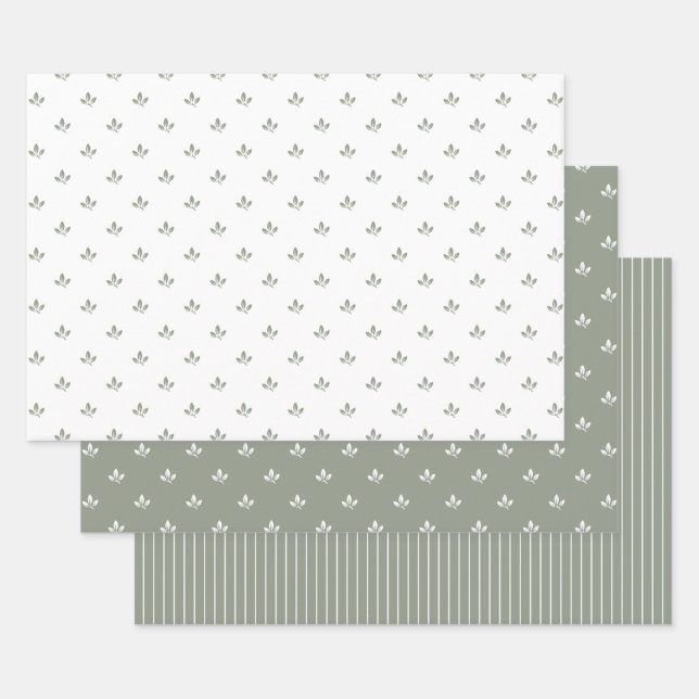 Motif feuille moderne et Pinstripes Vert Poussard  (Lot)
