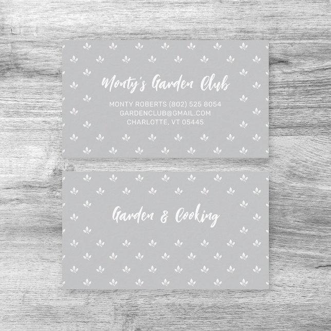 Motif feuille moderne gris et blanc | Carte d'appe (Modern elegant gardener calling card with hand sketched custom name and botanical pattern design.)