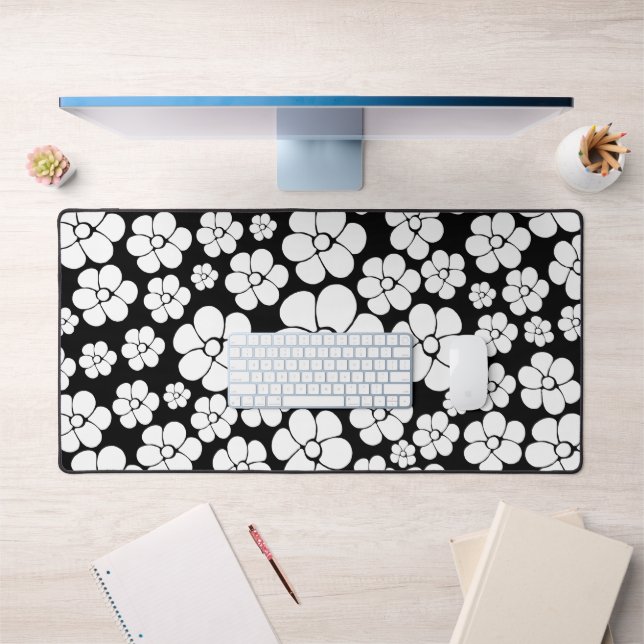 Motif Fleur rétro en blanc sur noir (Bureau 1)