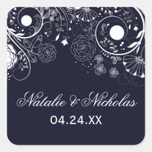 Motif floral bleu marine/blanc - Autocollant carré