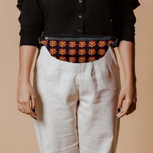 Motif floral dahlia rouge et blanc sur noir (In Situ)