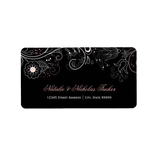 Motif floral noir avec tulipe - Étiquette de adres (Devant)