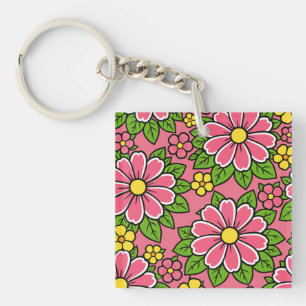 Motif floral rose et jaune avec feuilles vertes