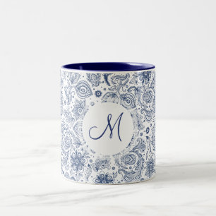 Motif floral Vintage bleu Monogramme Mug à 2 tons