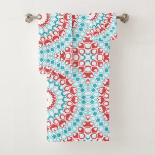 Motif géométrique de mandala rouge et aqua