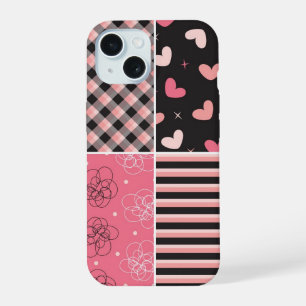 Motif gribouillé carreaux rayures coeurs noirs ros