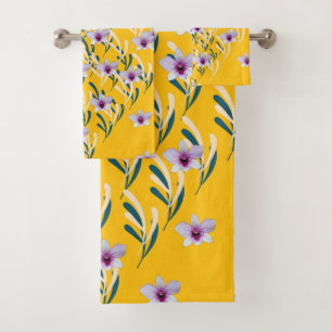 Motif gris feuille pâle Centre floral violet Jaune