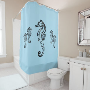 Motif hippocampe sur rideau de douche bleu