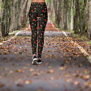 Motif noir pavot rouge feuille leggings