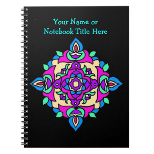 Motif Rangoli de Carnet Spiral Noir Personnalisabl