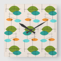 Motif rétro atomique mobile Carré horloge murale