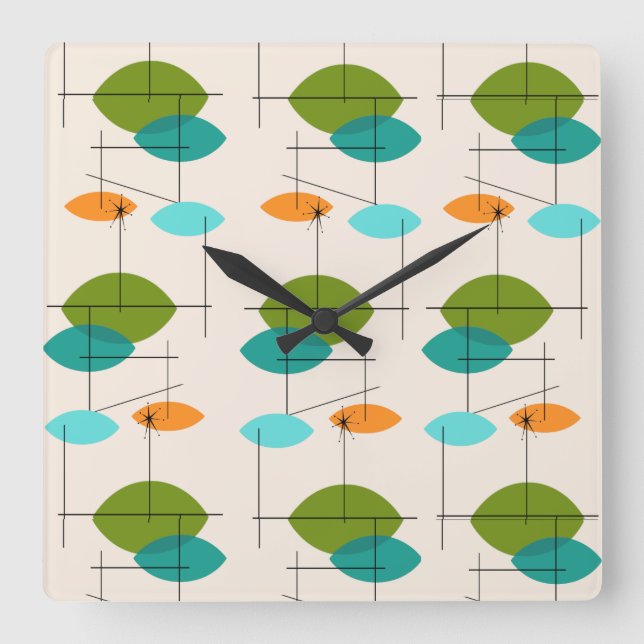 Motif rétro atomique mobile Carré horloge murale (Recto)