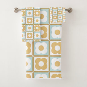 Motif rétro Floral Checker Aqua, Jaune Or