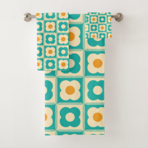 Motif Retro Floral Checker Turquoise, Crème, Orang