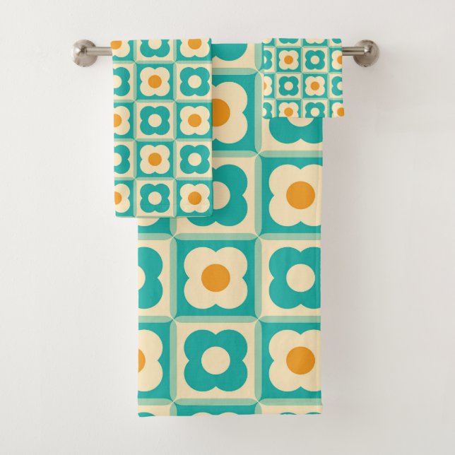 Motif Retro Floral Checker Turquoise, Crème, Orang (En situation)
