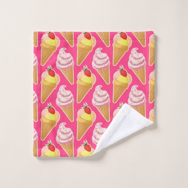 Motif rose Kawaii avec crème glacée aux fraises (Gant de toilette)