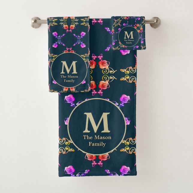 Motif Rose monogramme en forme de Faberge sur bleu (En situation)
