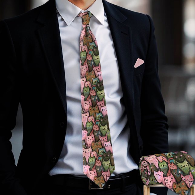 Motif sans couture de chats cool - Cravate - Rose  (Cool Cats Seamless Pattern Tie - Pink & Green Fun (2))