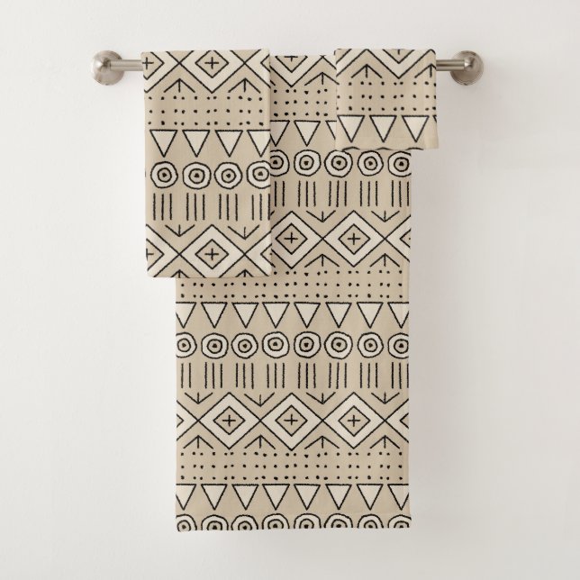 Motif tribal en tissu de boue, Crème, Beige, Noir (En situation)