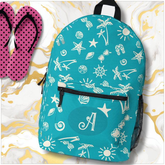 Motif tropical Aqua Blue Monogram Sac à dos (Créateur téléchargé)
