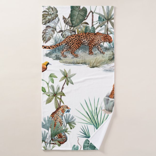 Motif tropical aquarelle avec un léopard, (Serviette de bain)