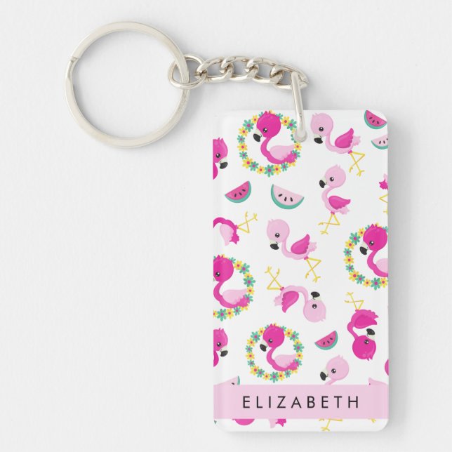 Motif tropical, Flamants roses, Fleurs, Votre Nom (Devant)
