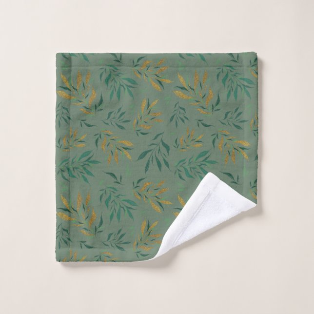 Motif végétal esthétique vert avec Feuille (Gant de toilette)