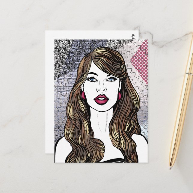 Motiv: Mädchen mit langen, braunen Haaren Postkarte (Vorderseite/Rückseite Beispiel)