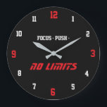 Motivational Fitness Wall Clock Black Große Wanduhr<br><div class="desc">Modern motivational wall clock designed to inspire focus and energy during workouts. The clean and dynamic design features bold typography and high-contrast numbers, making the time easy to read even during intense training. Perfect for a home gym, fitness studio, yoga space, or workout room. The motivational words like Focus, Energy,...</div>