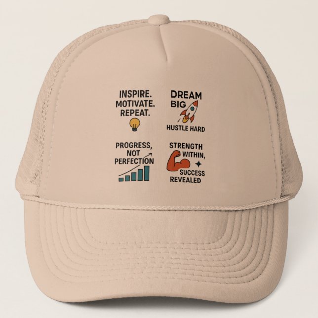 Motivational Quote Cap – Hustle Hard, Dream Big, I Truckerkappe (Vorderseite)