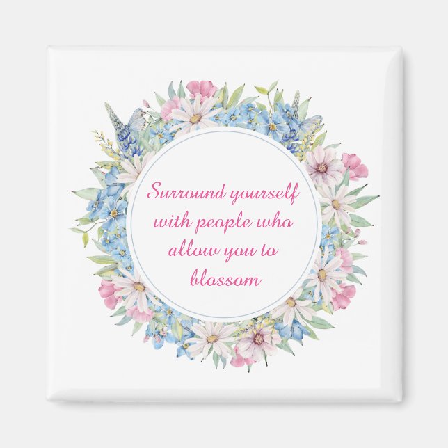 Motivational Quote Pink White Blue Floral Wreath Magnet (Vorne)