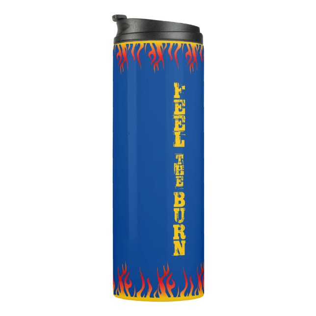 Motivierend Flames Golden Yellow Script DEEP BLAUE Thermosbecher (Nach rechts gedreht)