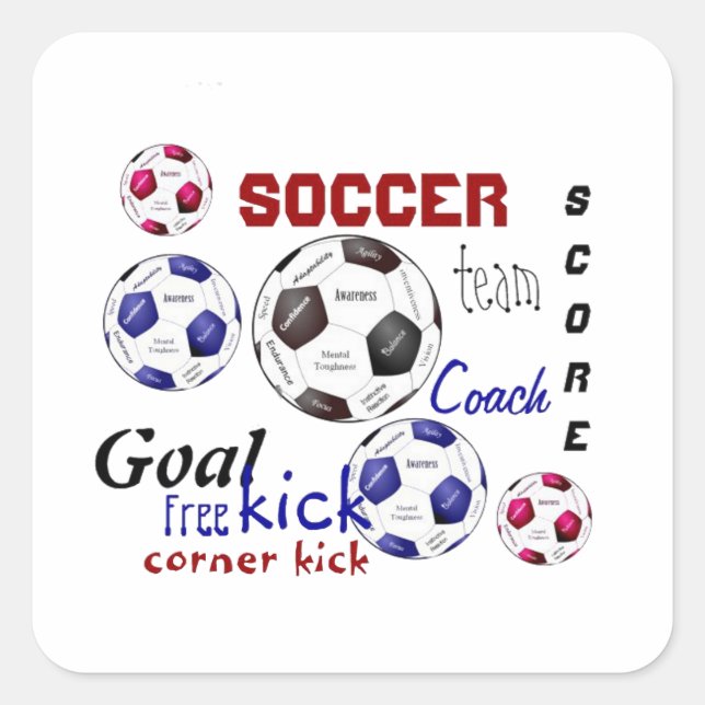 Motivierend Fußballspiel, Sportwörter Quadratischer Aufkleber (Vorderseite)
