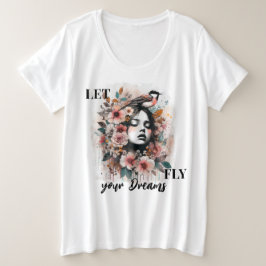 Motivierende Frau mit Blumen- und Vogeldesign Große Größe T-Shirt