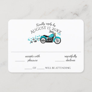 Moto et Coeurs Carte de réponse Mariage Aqua