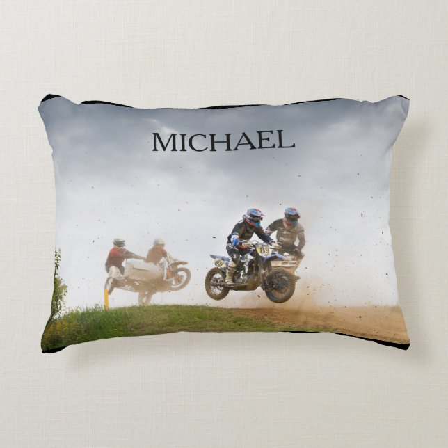 Motocross Rennkissen mit Kindername. Dekokissen (Vorderseite)