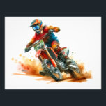 Motocross Rider in Action Fotodruck<br><div class="desc">A dynamic watercolor painting depicts a motocross rider in mid-action, leaning into a turn. The rider wears a colorful helmet with goggles, a red and blue racing suit, and protective gear. Dirt and dust are kicked up by the tires of the orange and green dirt bike, creating a sense of...</div>