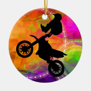 Motocross-Sprung in den Feuer-Kreisen Keramikornament