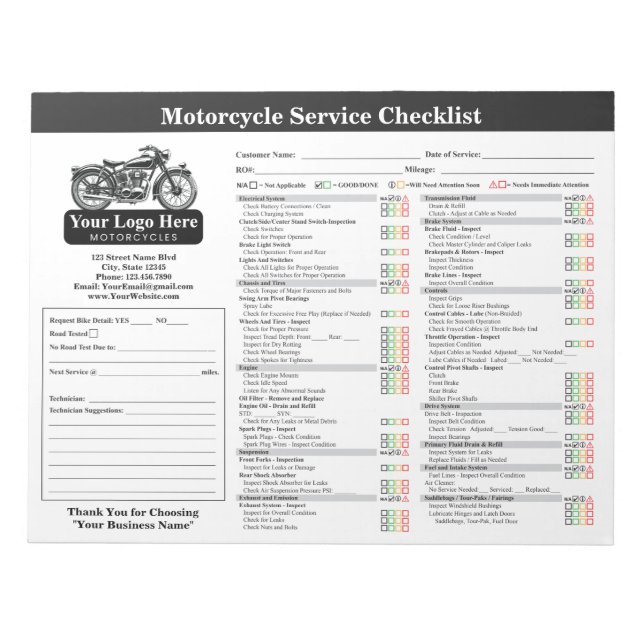 Motorcycle Service Checklist 8.5x11 Landscape Notizblock (Vorderseite)