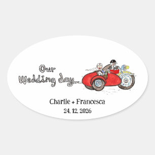 Motorrad & Beiwagen Braut und Bräutigam Hochzeit Ovaler Aufkleber