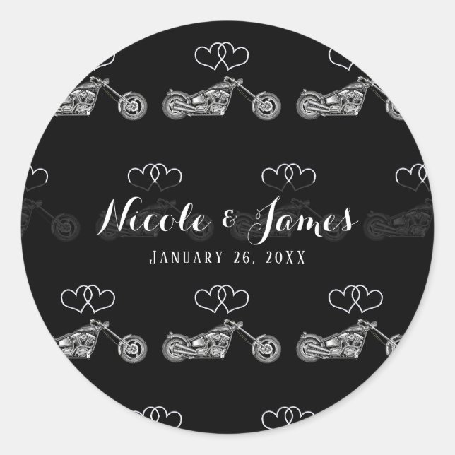 Motorrad Black & Silver Hearts Biker Wedding Runder Aufkleber (Vorderseite)