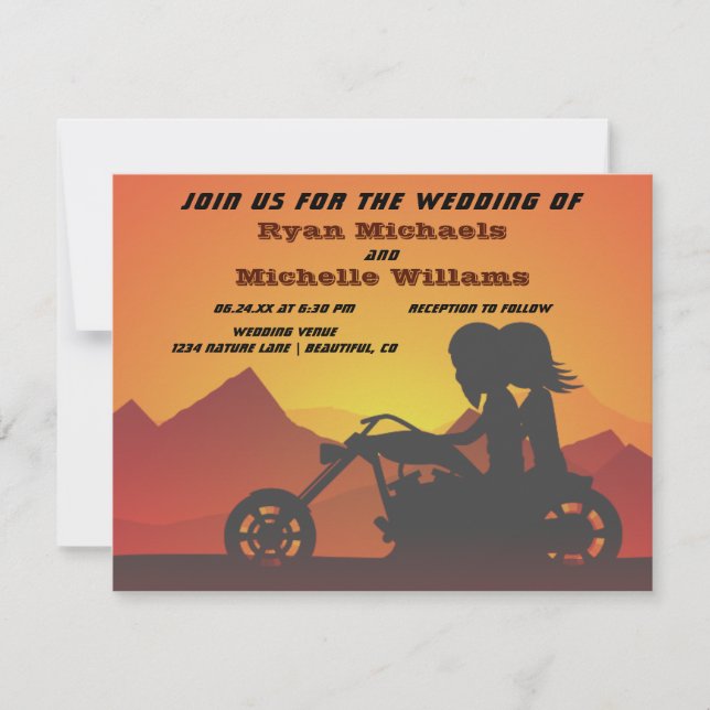 Motorrad-Coupé Sonnenuntergang/Sonnenaufgang Hochz Einladung (Vorderseite)