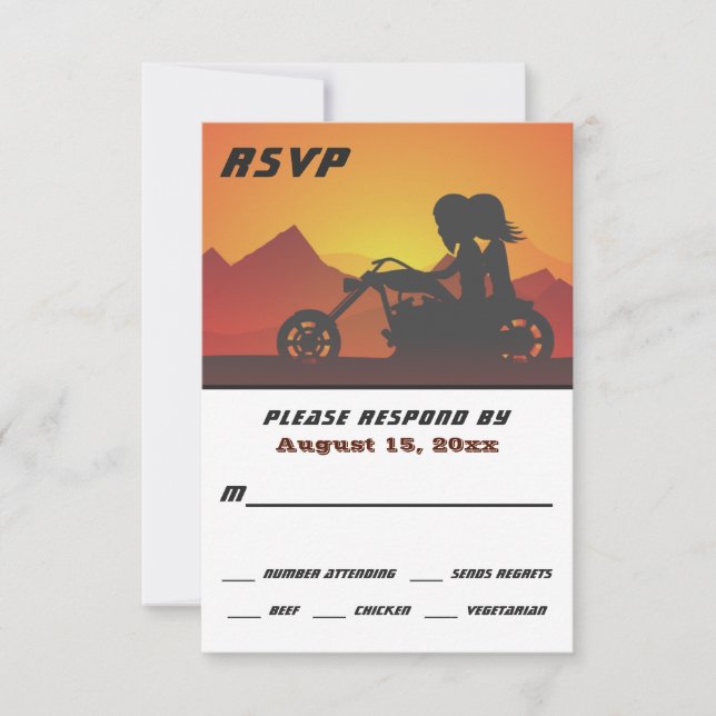 Motorrad-Coupé Sonnenuntergang/Sonnenaufgang Hochz RSVP Karte (Vorderseite)