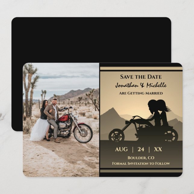 Motorrad-Couple-Mountain-Foto Hochzeit Save The Date (Vorne/Hinten)