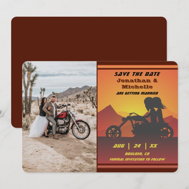 Motorrad Couple Mountain Sunset Foto Hochzeit Save The Date (Vorne/Hinten)