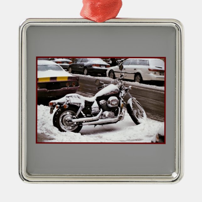 "Motorrad im Winter" Ornament Aus Metall (Vorne)