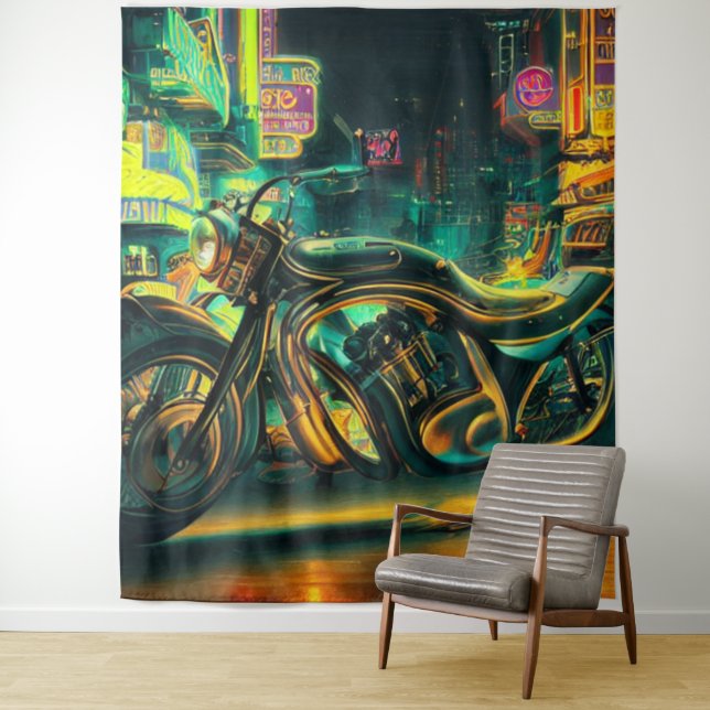 Motorrad in Neon City Wandteppich (Beispiel)