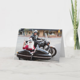 Motorrad mit Weihnachtsmann im Beiwagen Feiertagskarte